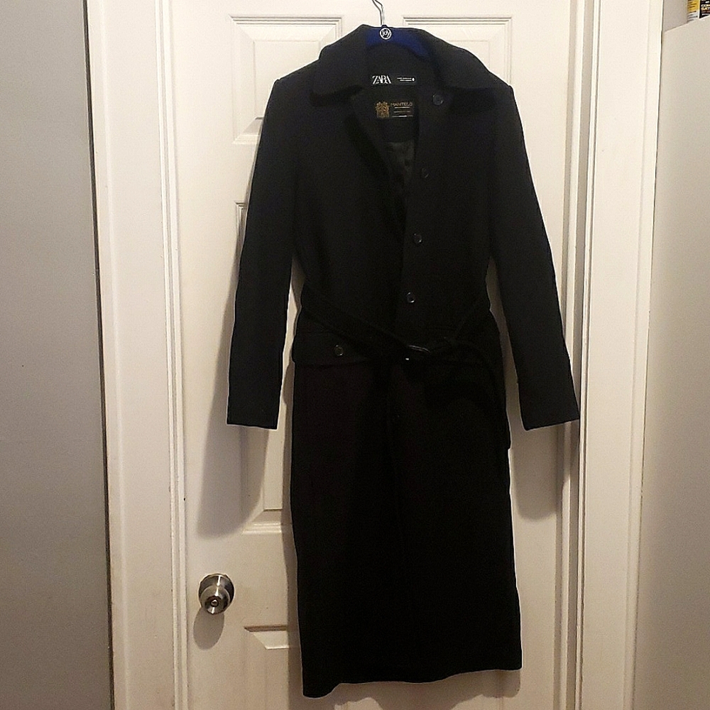 Zara belted button wool trench coat winter black xsmall new